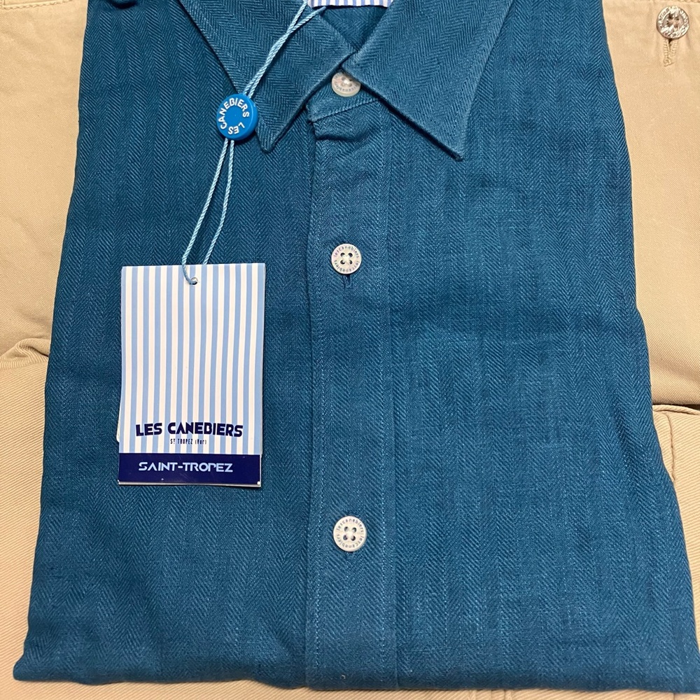 NWT 🇫🇷 Les Canebiers Men’s Linen Shirt - Blue Canar - Picture 2 of 6
